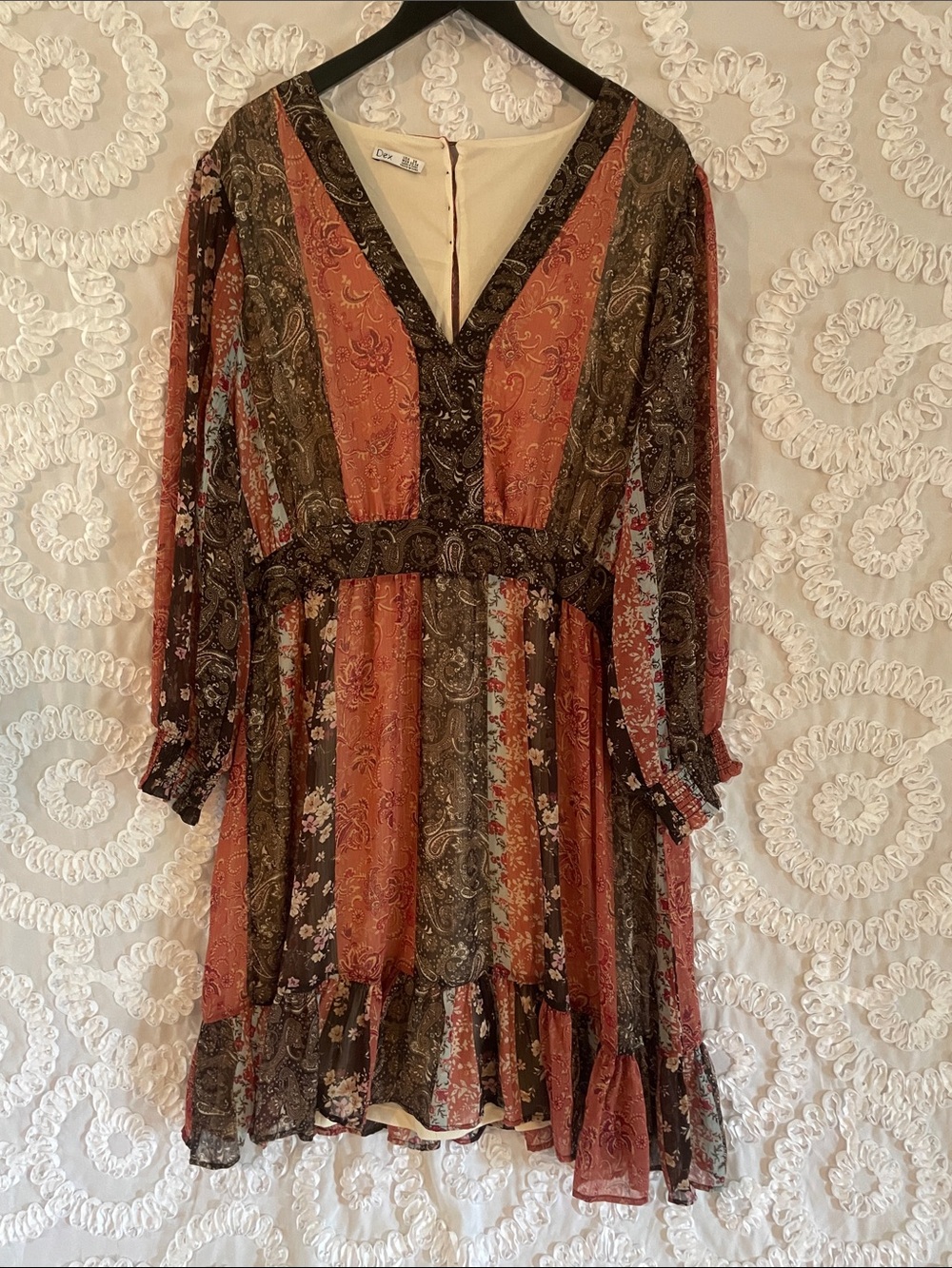 Dex Plus Paisley Flounce Dress in Rust, Olive & Cream Button back V-neck Pretty